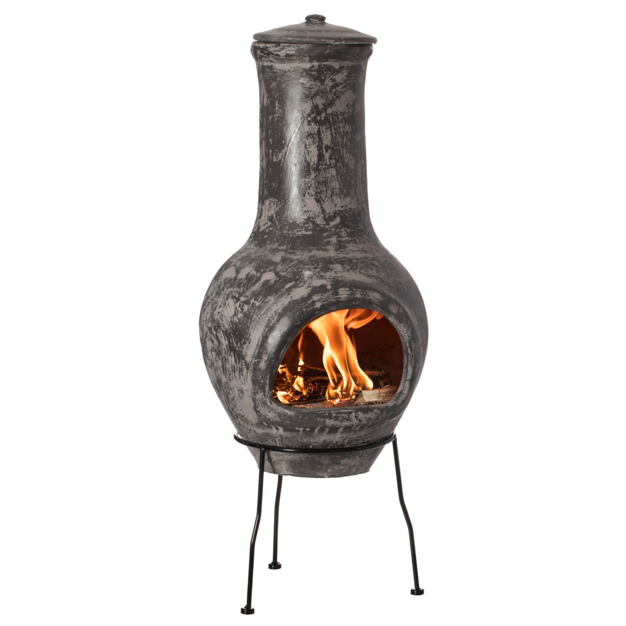 Gray Clay Chiminea Fireplace 14" Charcoal Fire Pit Metal Stand Barbecue Outdoor